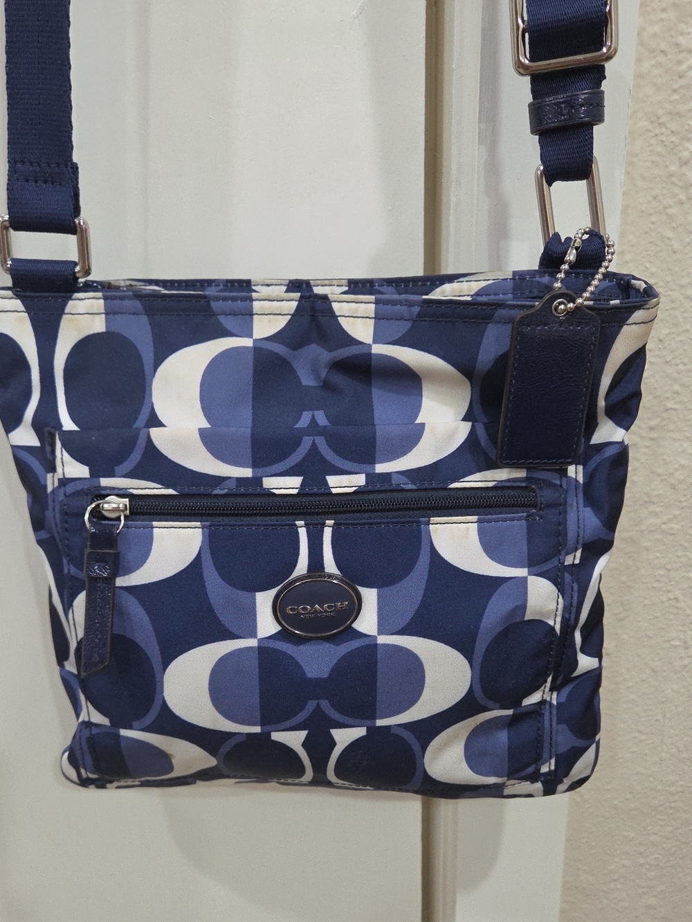 Coach Navy and White Signature Crossbody Bag